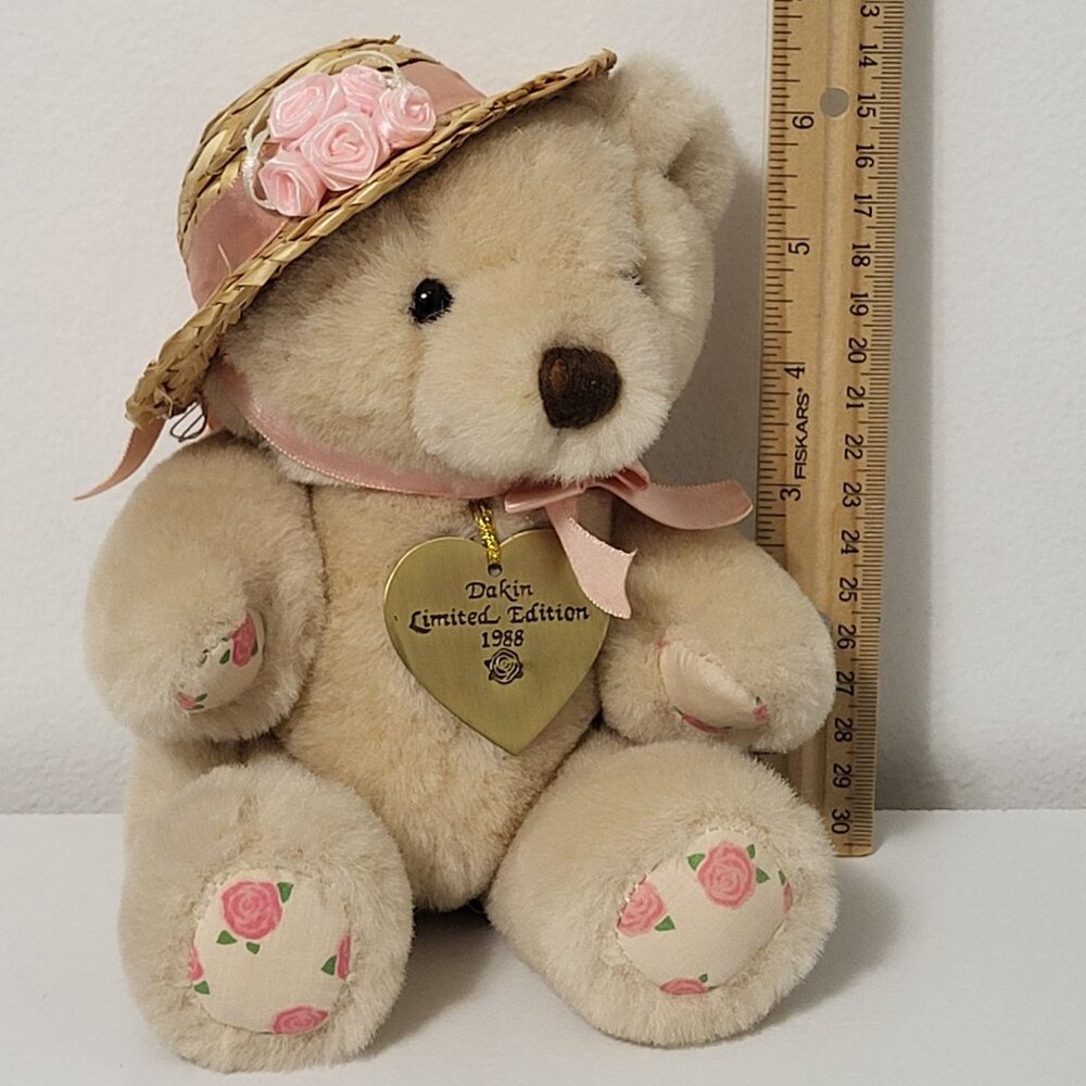Vtg 1988 Dakin Limited Edition Rosemary Bear Plush W/ Floral Straw Hat & Ribbon - Picture 9 of 10